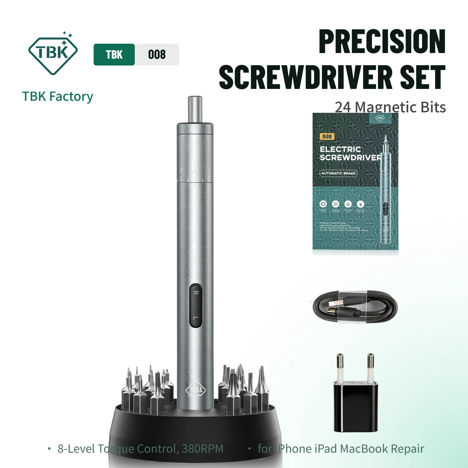 

TBK008 Electric Precision Screwdriver Set, 8-Level Torque, 380RPM High Speed with 24 Magnetic Bits, USB-C Rechargeable, Repair T