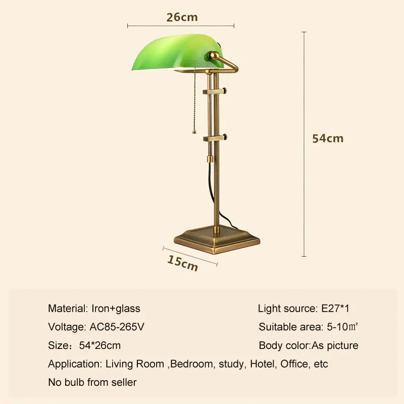 Amerikaanse Retro Bureaulamp Slaapkamer Bureaukamer Woonkamer Studeerkamer Verstelbare Hoogte Metalen Glazen Bank Bureaulamp