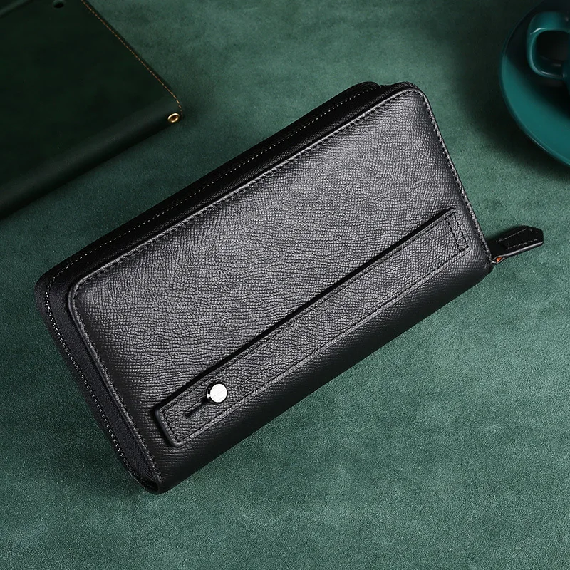 Men's long leather zipper business cowhide wallet for holding youth mobile phone storage
