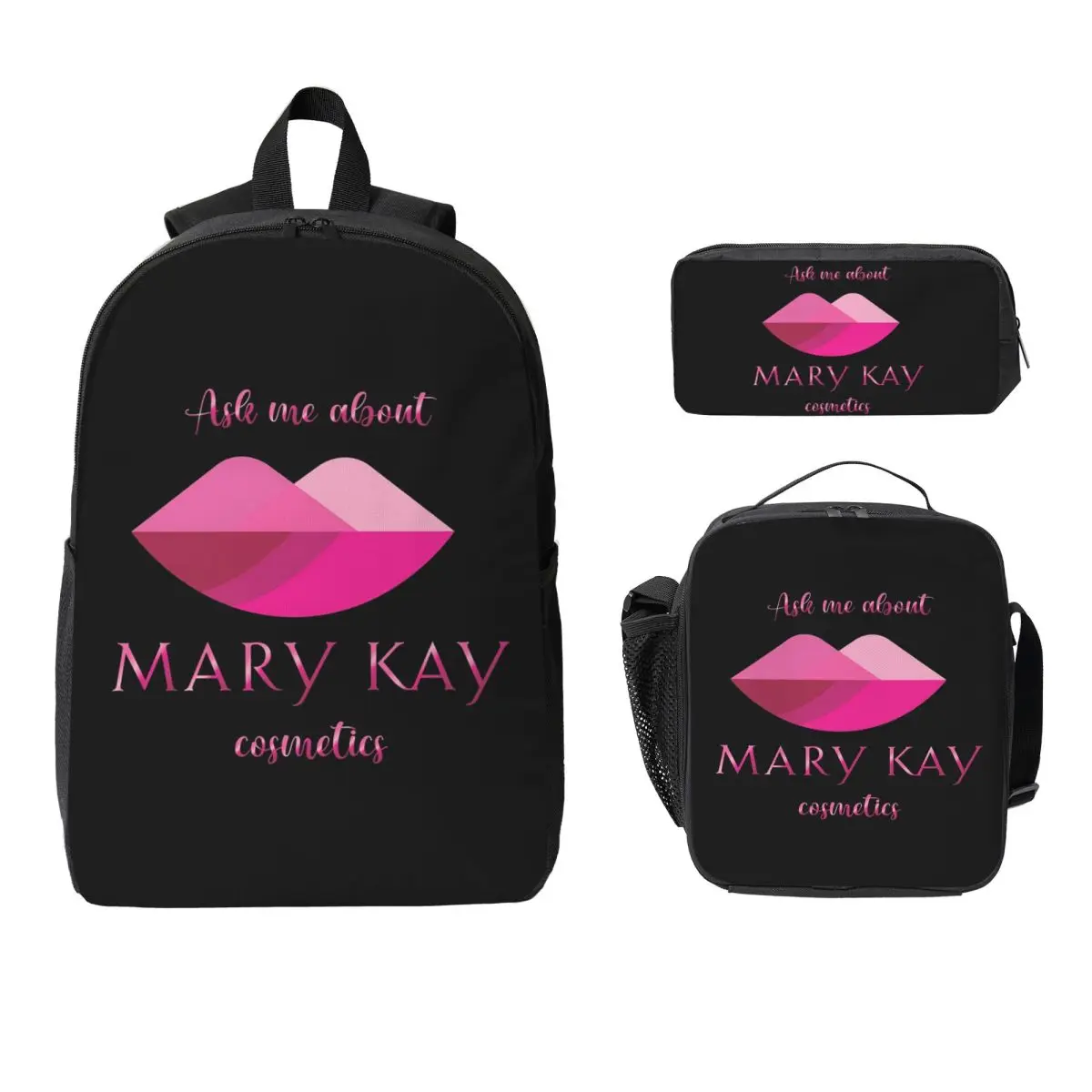 

Ask Me About Mary Kay Cosmetics Backpack Student BookBag School Bag Laptop Shoulder Bags 3ps Insulated Lunch Bag Pencil Case