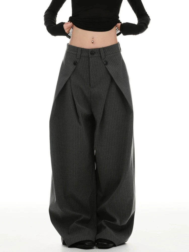 

Женские брюки Deeptown в черную полоску, серые, широкие, с высокой талией, плиссированные, прямые, в корейском стиле, свободные, повседневные, классические