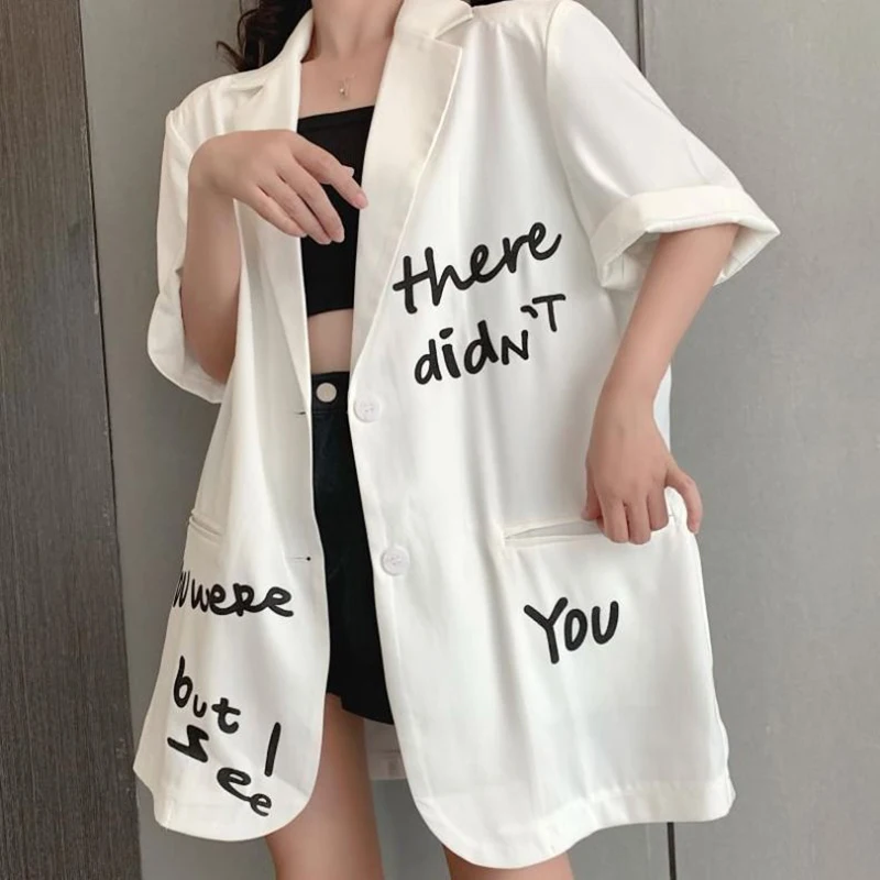 Women`s Short Sleeve Suit Summer Casual Loose Jackets Blazer Outerwear Y2k Retro Overcoat Women Tops Coat Office Lady Wear