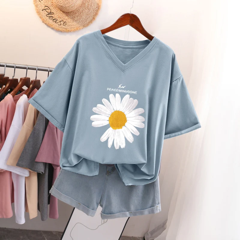 Retro American Short Sleeve T-Shirt Women Summer Loose V-Neck Half Sleeve Trendy Design Large Size Comfortable Cotton Top