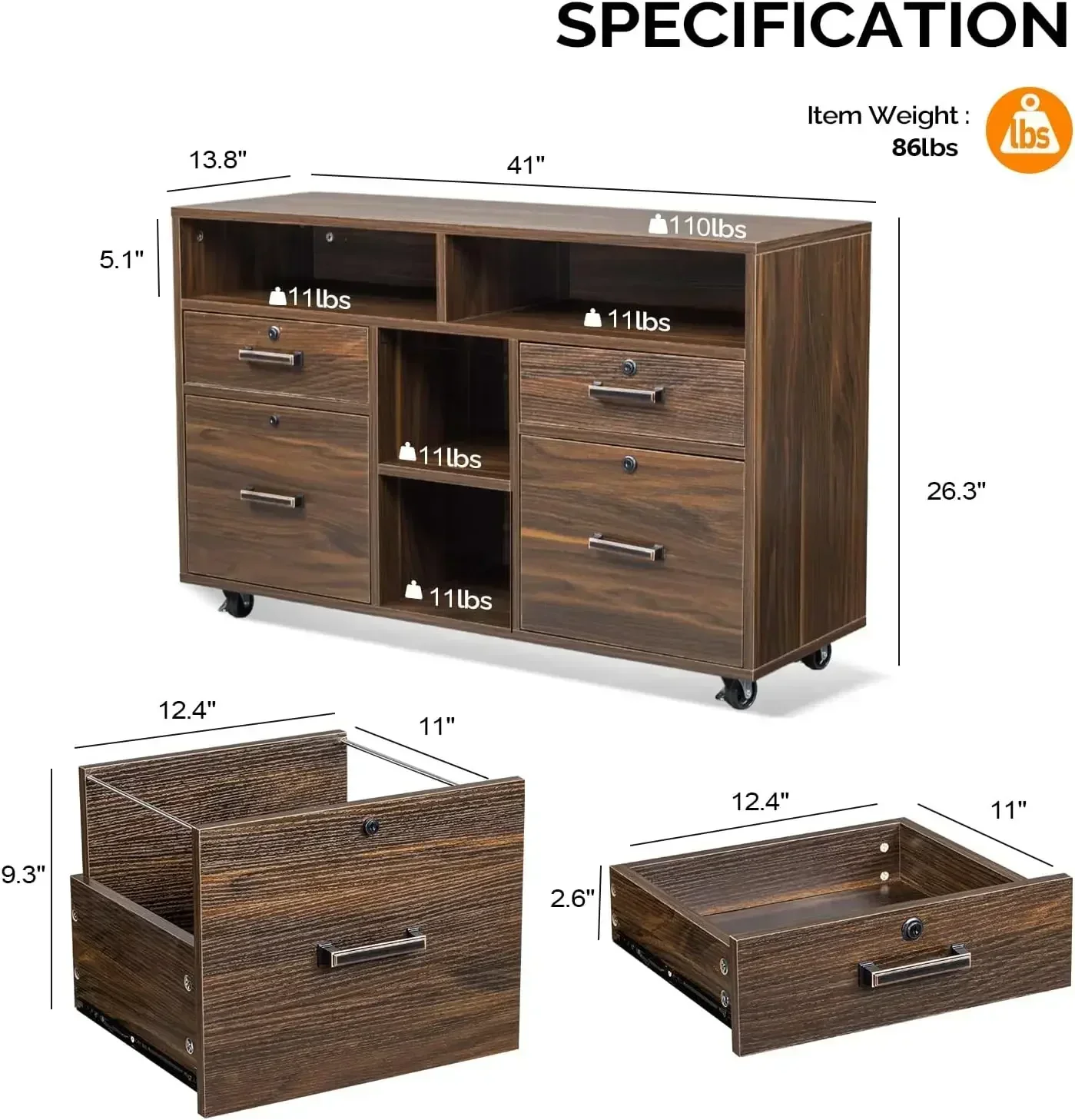 [XMSJ-مخزون محدود، اشتر الآن! ] خزانة ملفات واسعة ذات 4 أدراج مع قفل، وخزانة ملفات جانبية خشبية مع أرفف مفتوحة، وبكرة قابلة للقفل