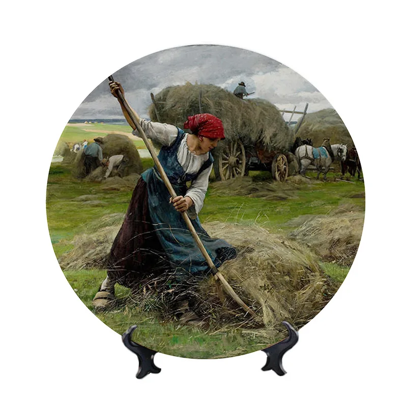 Pastoral Style Wall Plate Women Farm Work Scene Oil Painting Dish Retro Nostalgia Round Tray for Home Decortion Home Decoration