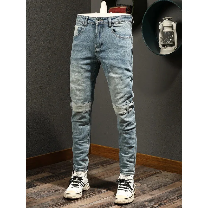 الربط الجينز الرجالي أزياء الرجعية الاتجاه تمتد الدنيم سليم صالح أقدام صغيرة الحنين الشارع دراجة نارية السراويل