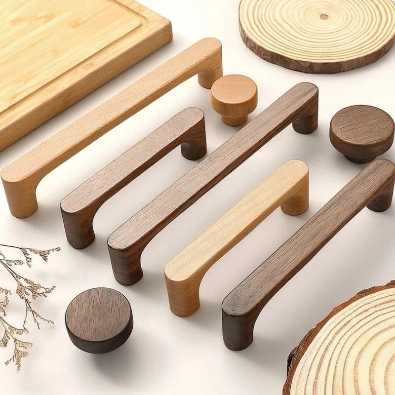 Retro Walnut Wooden Kitchen Cabinet Handle Solid Beech Cabinet Door Knob Cupboard Furniture Drawer Pull Lengthen Wardrobe Handle