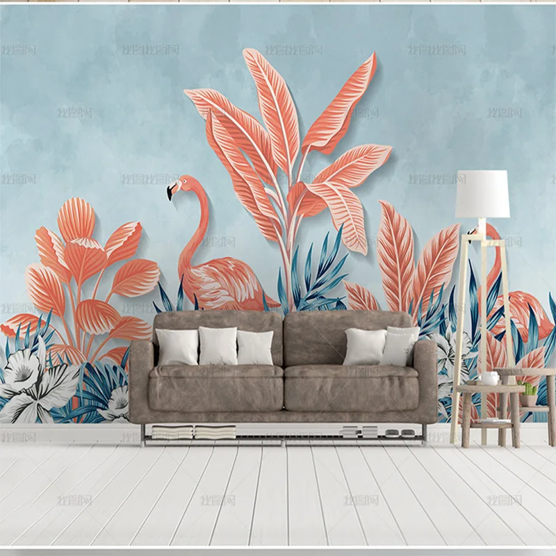 custom 3D Nordic hand painted small fresh tropical plant wallpaper Flamingo TV living room sofa background wall bedroom mural 8d