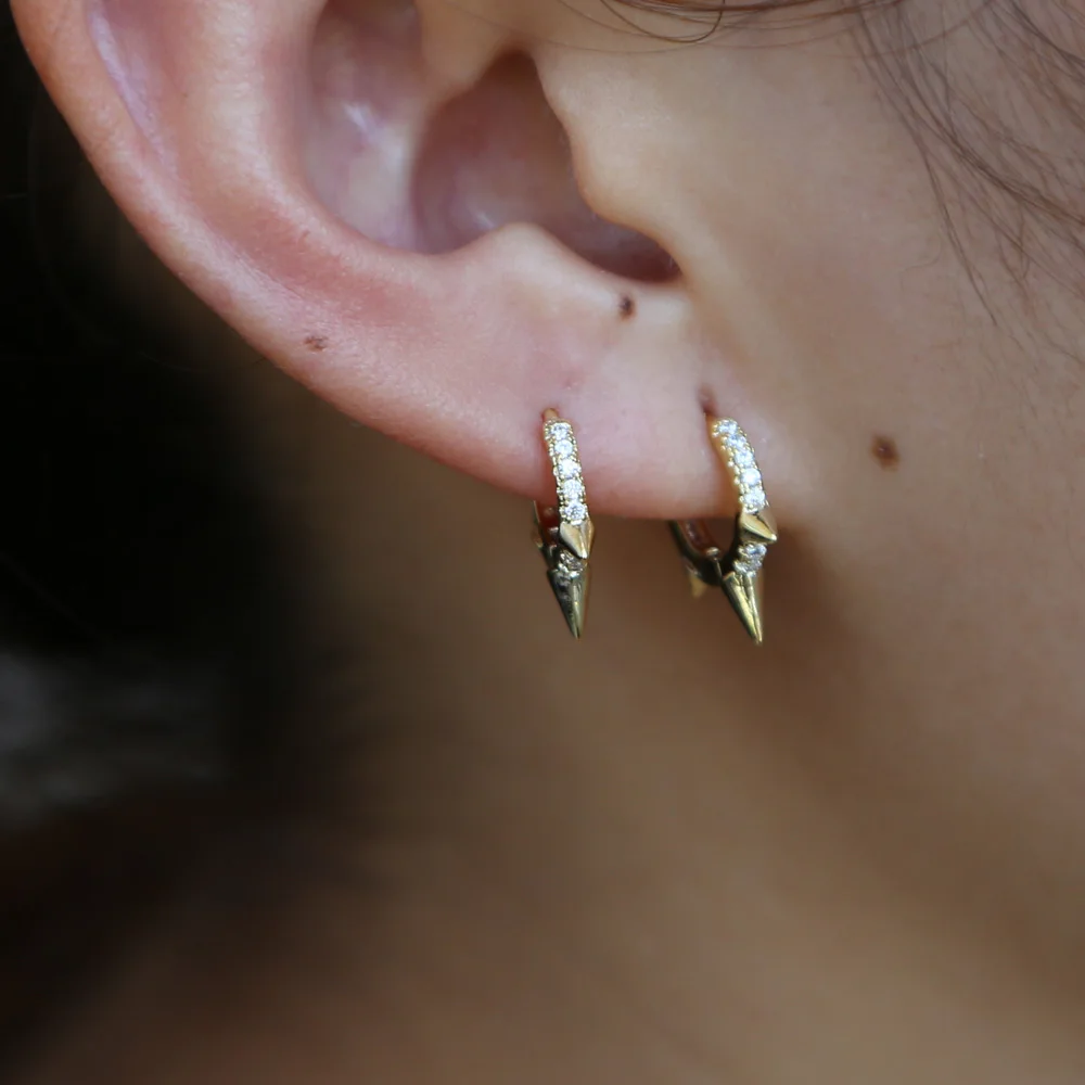 2018 three mini spike punk style women earring round cz hoop minimal delicate design Gold color wholesale high quality jewelry