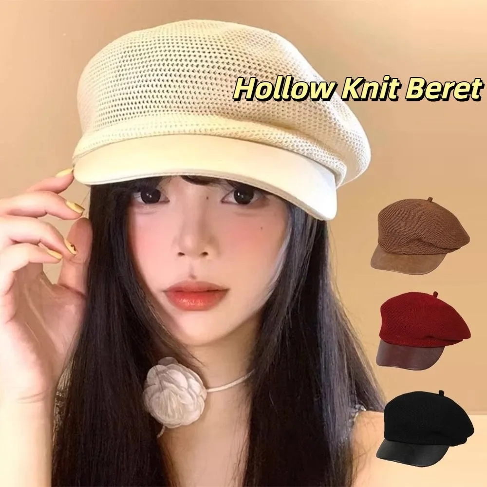 

Casual Korean Hollow Knitted Beret Thin Breathable Painter Berets Versatile Y2k Beanie Cap Summer and Autumn