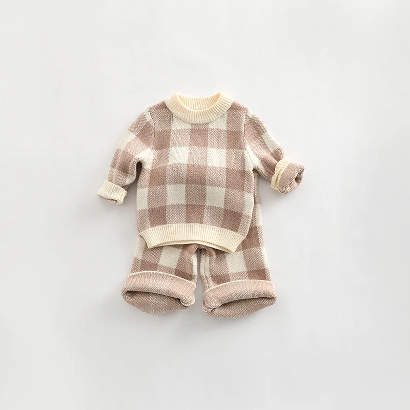 Korean Style Newborn Baby Boys Girls Plaid Suit Baby Long Sleeves Pullover+Pants 2PCS Spring Autumn Baby Knitted Soft Clothes