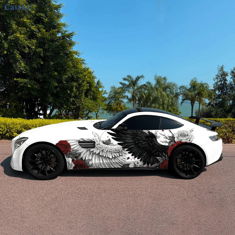 Black White Angel Wings Roses Car Side Sticker Decor,PVC Waterproof Scratch Resistant Decal,Car Protection,Auto Accessories Gift