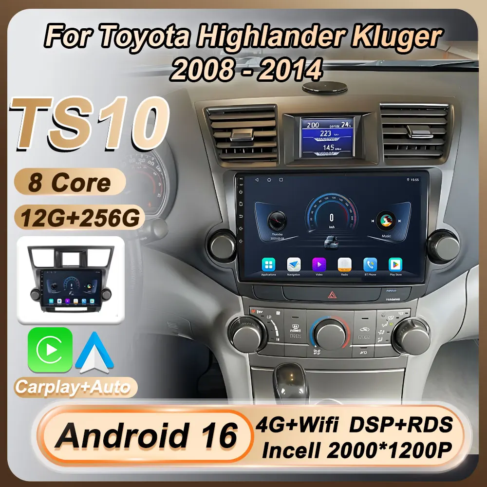 

Wireless Carplay Auto For Toyota Highlander Kluger 2008 - 2014 Android 16 Car Radio Multimedia Touch Screen GPS Navi 8 Core BT
