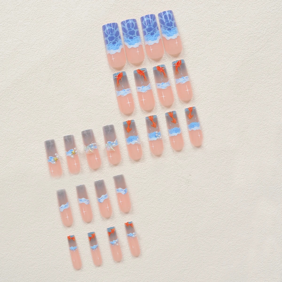 Autocollants pour Ongles Rectangulaires Super Longs, Motif Bleu Océan Petit Poisson Vague, Étoile de Mer 3D, Conque Perle Diamant, Ensemble Acrylique, 24 Pièces
