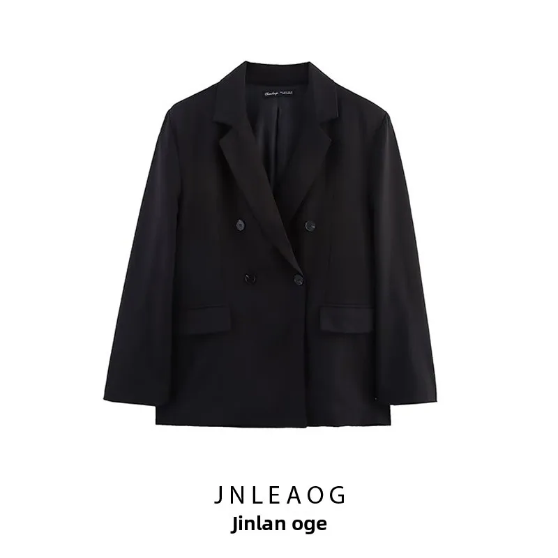 Jaqueta Fena Casual de Primavera Nova Coleção JNLEAOG com Ombreiras, Fibra de Poliéster, Abotoamento Duplo e Manga Longa