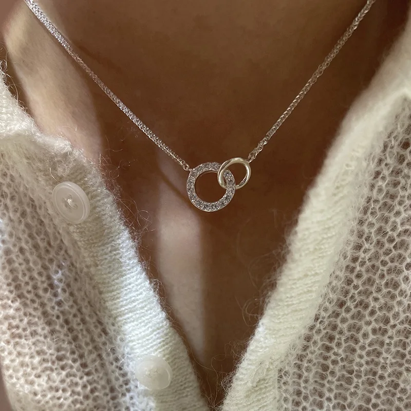 XIYANIKE Shiny Rhinestone Double Circle Pendant Necklace For Women Girl Clavicle Choker Fashion Jewelry Gift Party collier femme