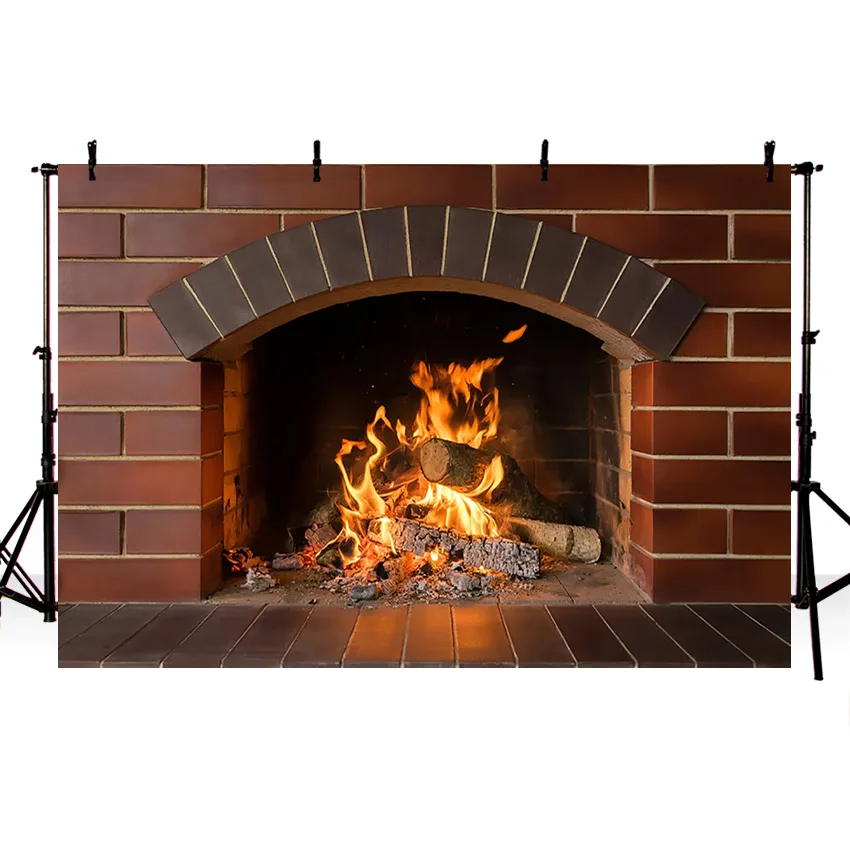 Christmas Backdrops Brick Wall Fireplace Fire Winter Family Xmas Decor Background Photography Photoshoot Photo Studio Wallpaper