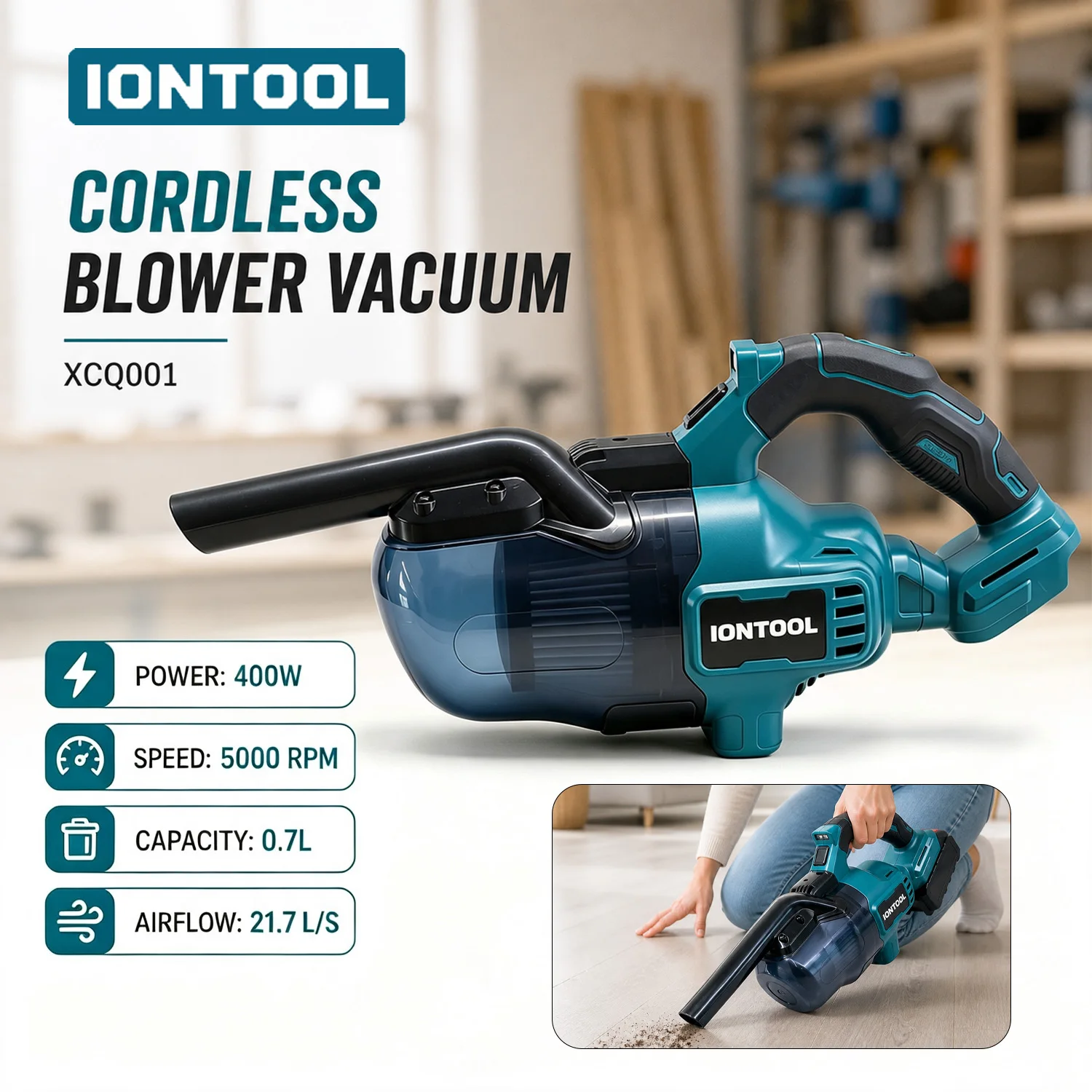 IONTOOL 400W 5000RPM 0.7L Cordless Handheld Vacuum for Quick Cleanup of Pet Hair Crumbs and Car Dust Tool Only