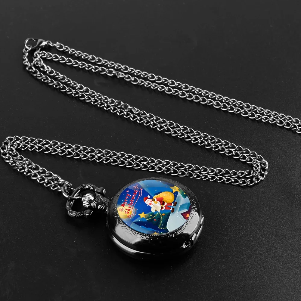 Merry Christmas Handmade Glass Dome Quartz Pocket Watch With Durable Chain Arabic Numeral Dial Extraordinary Gifts for Men Kids