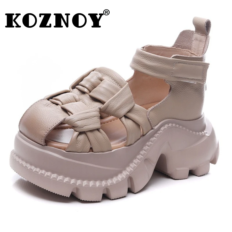 

Koznoy 7cm Weave Cow Genuine Leather Women Pumps Platform Wedge Ladies Hollow Summer Fashion Sandals Hook Flats