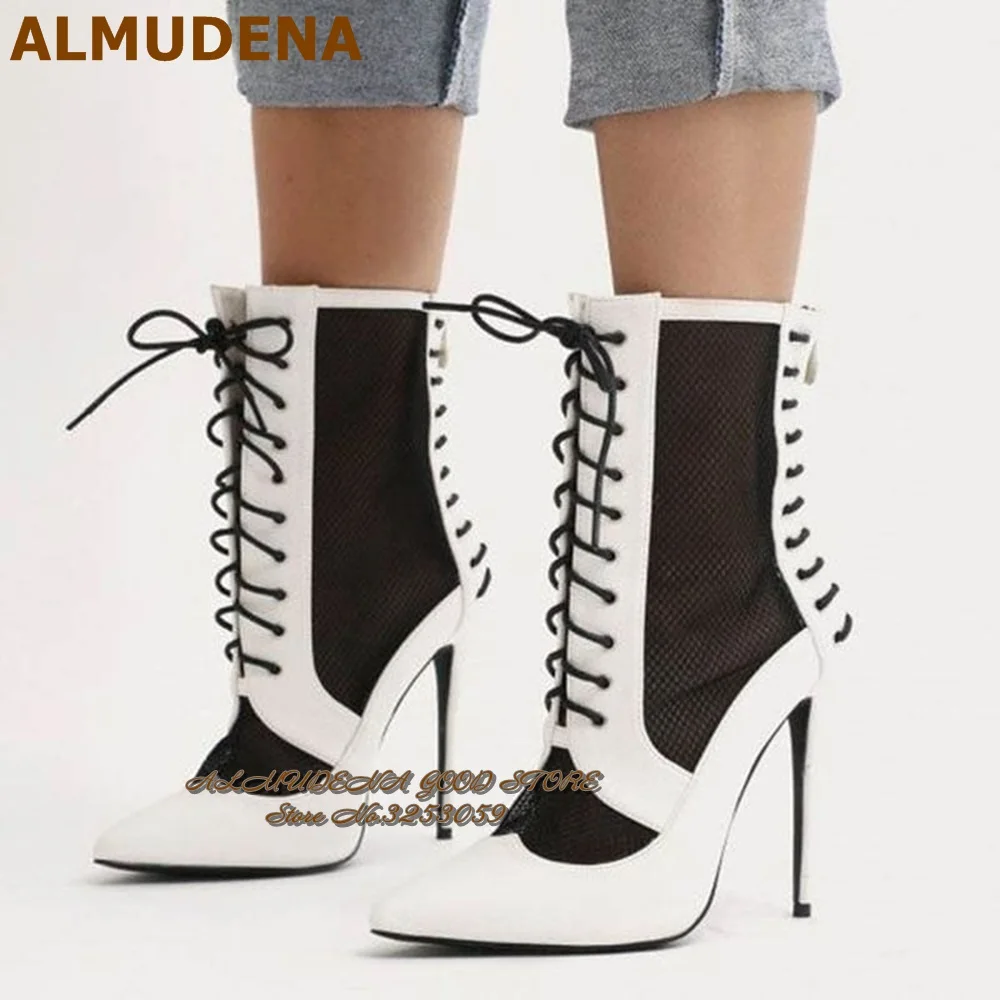 ALMUDENA Women White Matte Black Mesh Patchwork Ankle Boots Mixed Color Pointed Toe Lace-up Booties Network Cross Tied Shoes