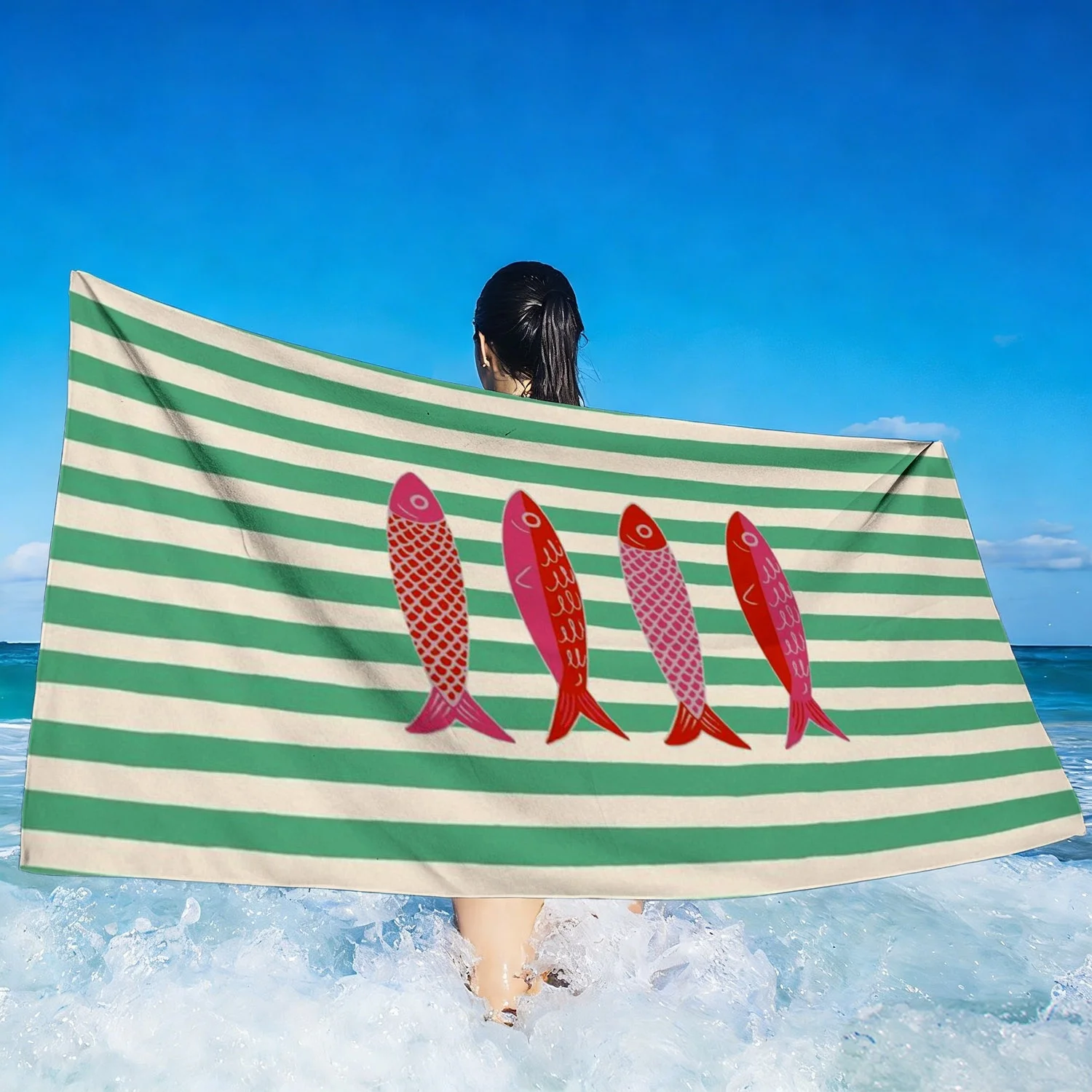 1PC Striped Fish Beach Towel Suitable for yoga, swimming, camping, big bath towels, essential travel accessories