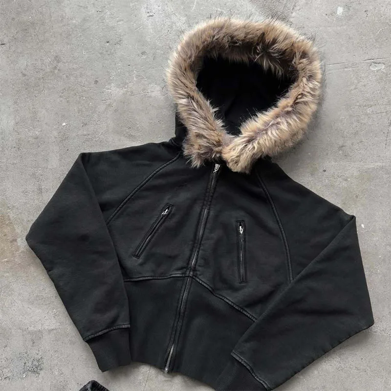 เสื้อฮู้ดสไตล์โกธิคสีพื้นเข้มแบบยุโรปอเมริกัน แขนยาว ซิปหน้า ทรงสลิม สไตล์ยุค 2000 โชว์เอว เซ็กซี่  สำหรับสาวมั่น