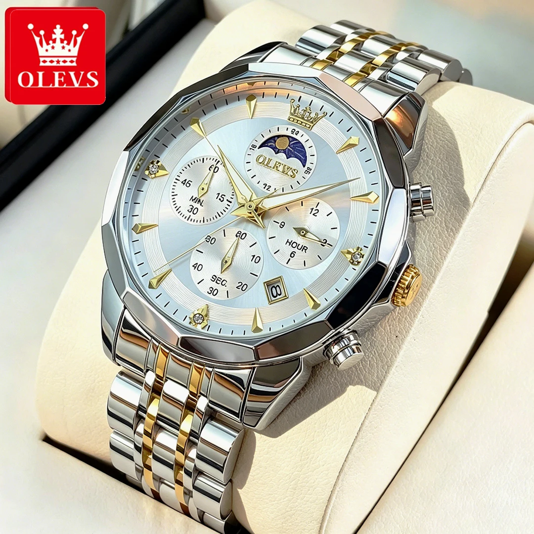OLEVS Men's Watches Fashion Business Multi-function Fine Steel Original Quartz Wristwatch Moon Phase Chronograph Date Waterproof
