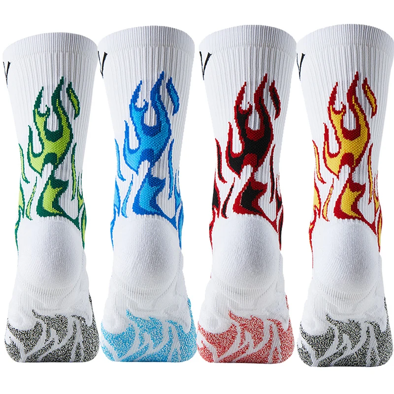 Fire Pattern Running Socks with Arch Support Breathable Cushioned Compression Socks for Men Women Crew Length Cycling Socks