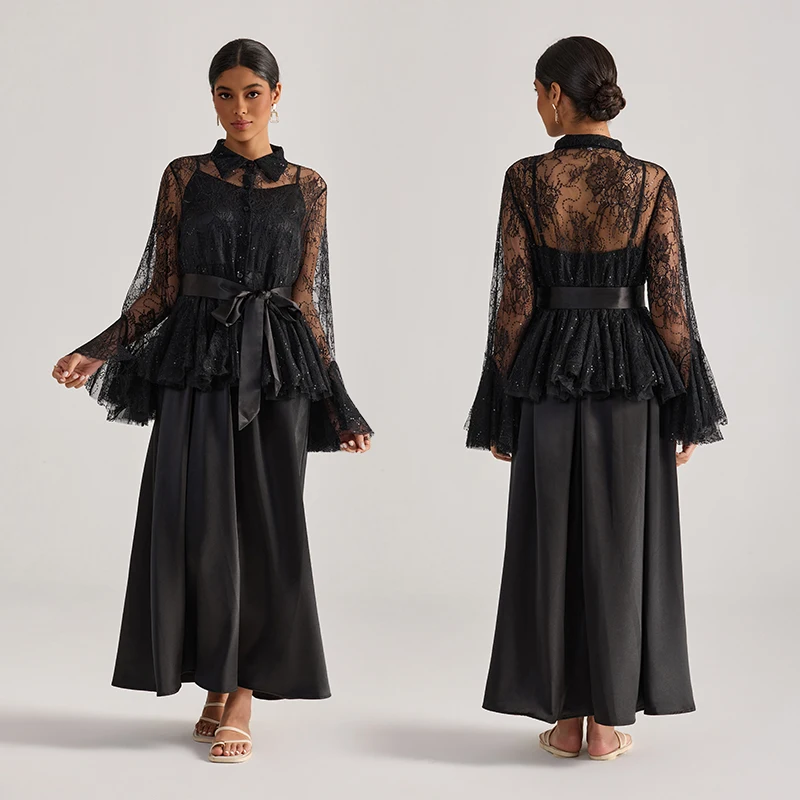 Elegant Lace Sleeve Blouse And Long Skirt Set with Suspenders Spring Fashion Women's Ensemble Two-Piece Set Spring Season