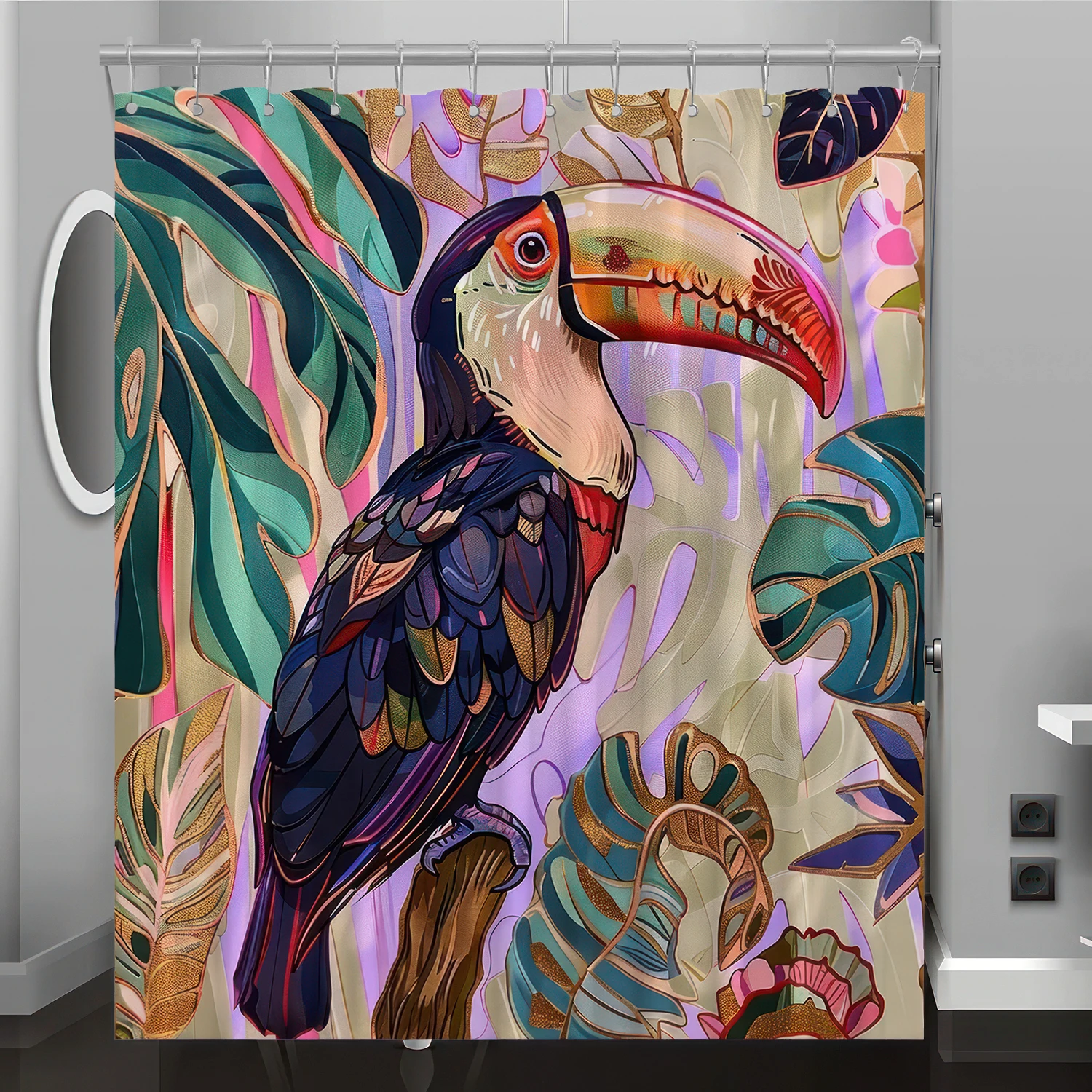 toucan parrot floral leafy pattern digital printing shower curtain, bathroom décor home décor, free hook