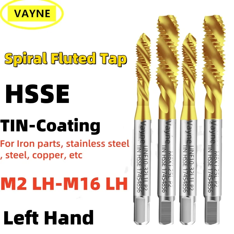 1PCS HSSE Left hand With TIN Spiral Fluted Tap M2 M2.3 M2.5 M2.6 M3 M4 M5 M6 M8 M9 M10 M12 M14 M16 M18 Metric Screw Thread Taps