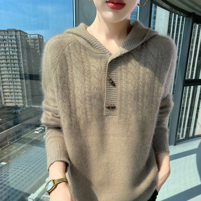 100% المنك النقي الكشمير محبوك معطف بقلنسوة المرأة مقنعين طوق فضفاض البلوز موضة تويست بأكمام طويلة هوديي معطف سميك