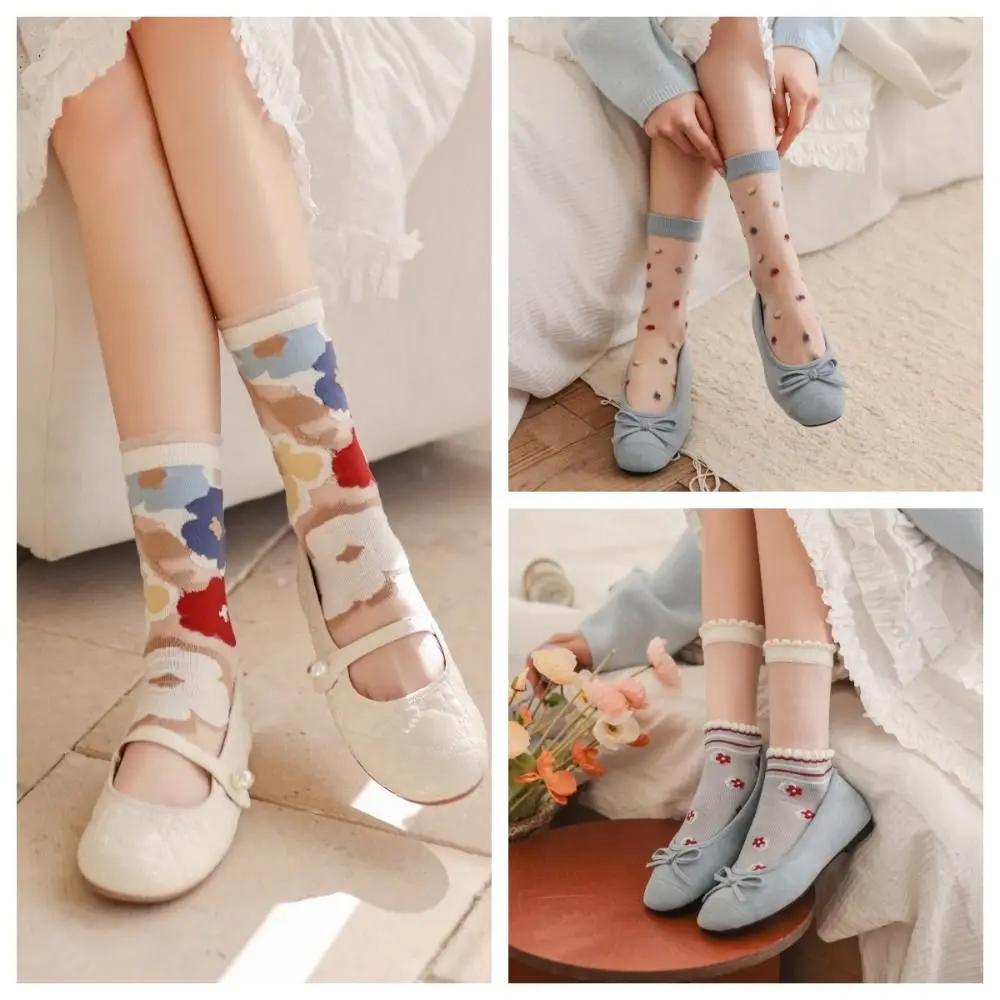 

2/3Pairs Unique Sweet Transparent Flower Socks Lolita Blue Mid Calf Socks Women Mesh Patchwork Glass Silk Socks Summer