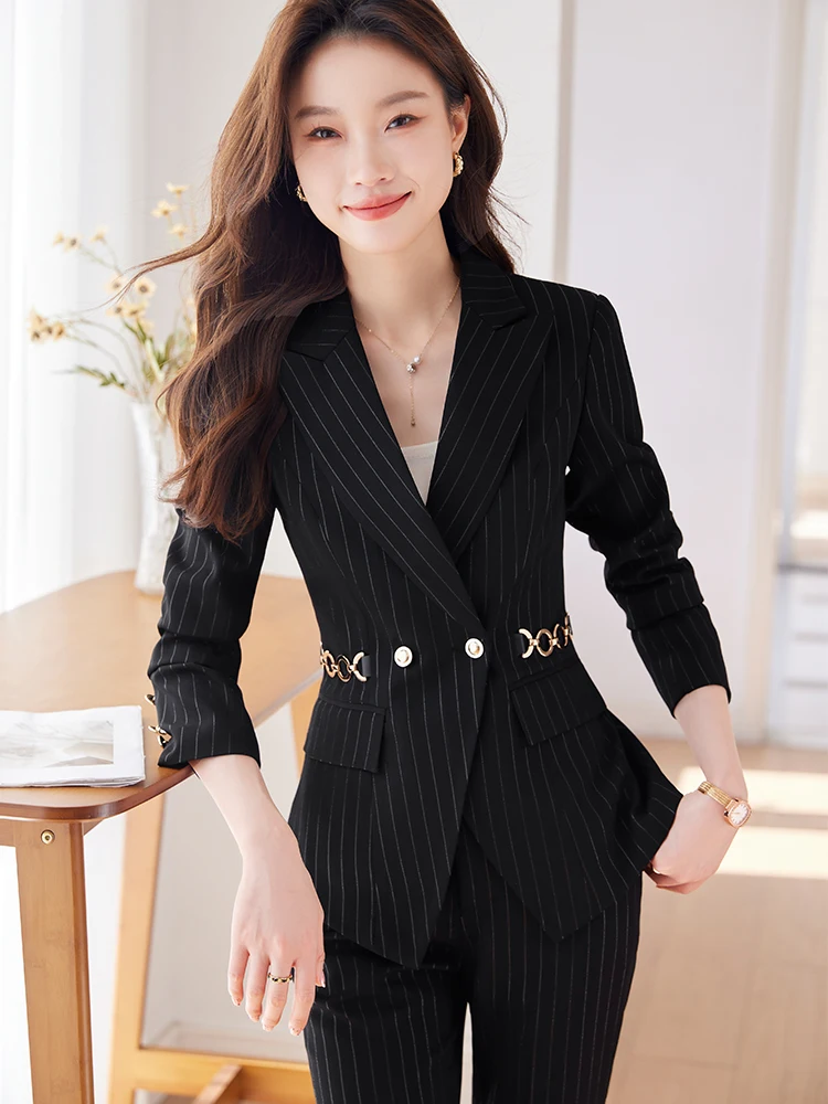 Fashion Ladies Pant Suit Women Apricot Blue Black Striped Female Jacket Blazer and Trouser 2 Piece Set For Business Work Wear