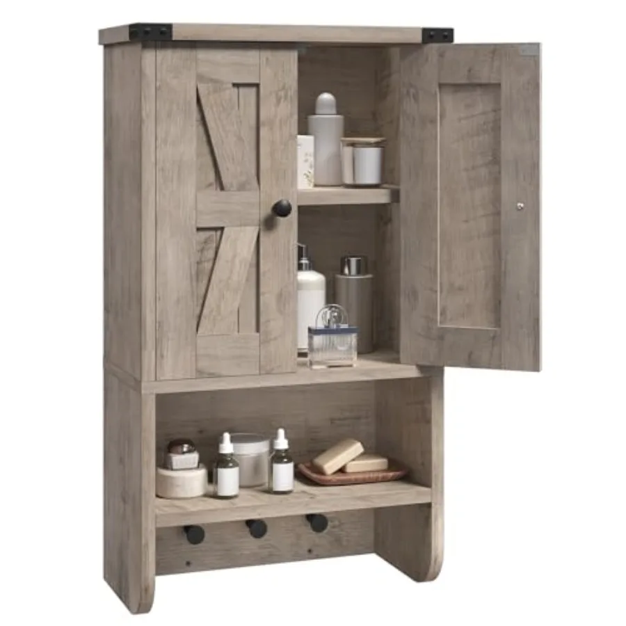 

Bathroom Wall Cabinet, Farmhouse Medicine Cabinet with Adjustable Shelf, 3-Tier Wall-Mounted Storage Cabinet with 3 Hooks and O