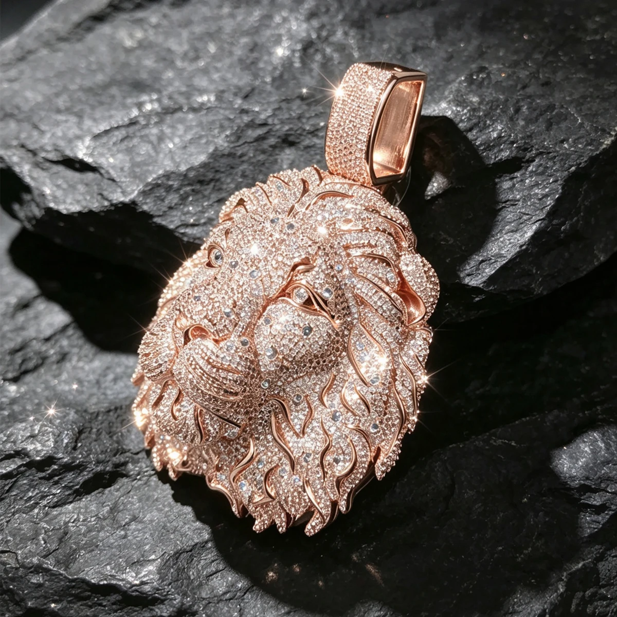 Iced Out Huge Lion Head Pendant Full Diamond Sparkling CZ 18K Rose Gold Plated Hip Hop Statement Jewelry Bling Animal Medallion Charm For Men Trendy Streetwear Accessory Oversized Luxury Necklace Gift For Rapper Party Nightclub Daily Wear Shiny Ornament
