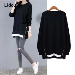 Korean O Neck Black Zipper Patchwork Tunic Pullover Top Female Casual Loose Long Sleeve Streetwear Sweatshirt Women Clothing 4XL