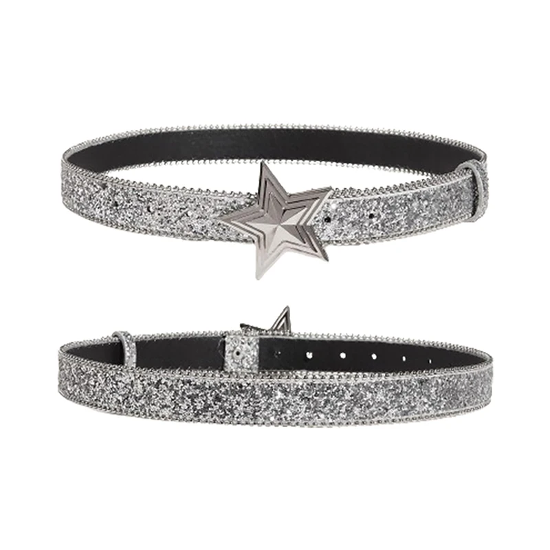 Damski pasek z klamrą w kształcie gwiazdy Y2k Luxury Bling Sequin Punk Metal Buckle Waist Strap Fashion Shiny PU Leather Waistband Jeans Belt