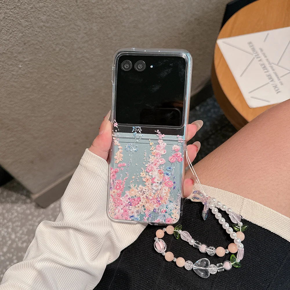 For Motorola Razr 40 50 Ultra 40Ultra Case Flower Transparent Bracelet Folding Shockproof Protection Hard Cover Accessories