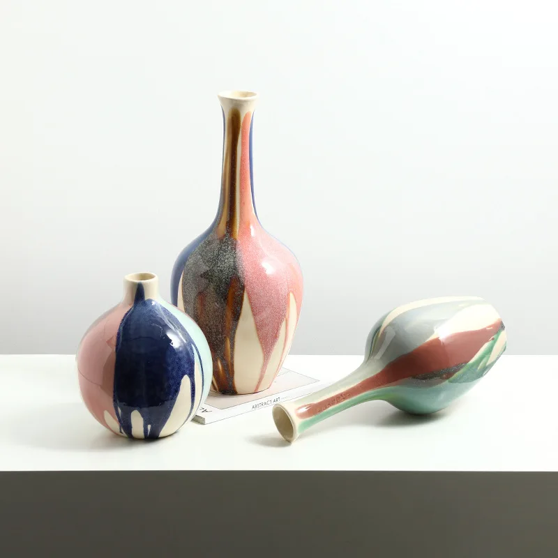 Nordic Modern Abstract Color Splash Glaze Ceramic Vase Model Room Villa Living Room Dining Table Flower Arrangement