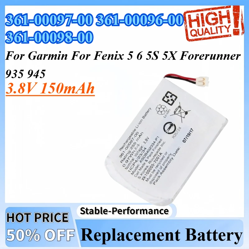

3.8V 150mAh Replacement Battery 361-00097-00 361-00096-00 361-00098-00 For Garmin For Fenix 5 6 5S 5X Forerunner 935 945