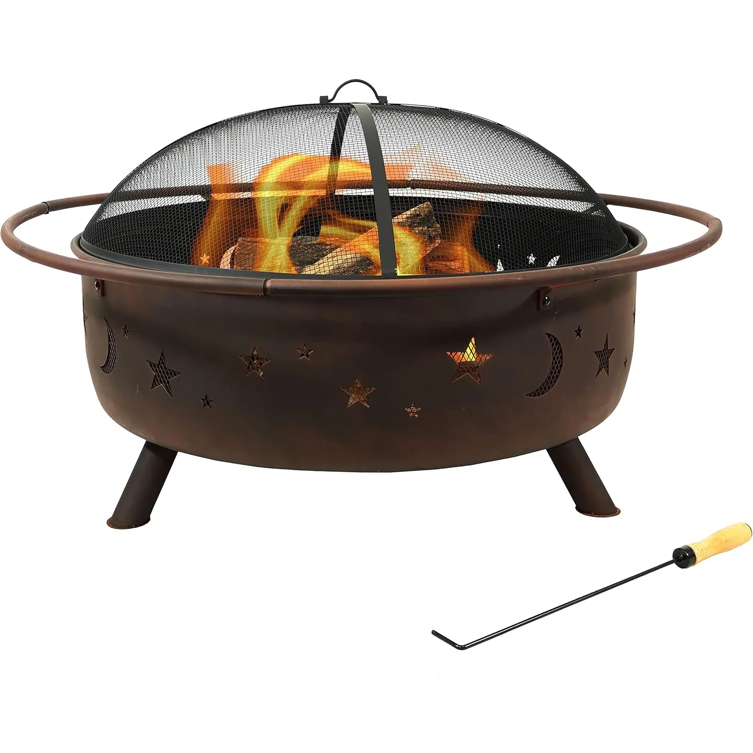 42-inch wood-burning steel fire pit with circular spark screen, poker, and built-in grate rust patina