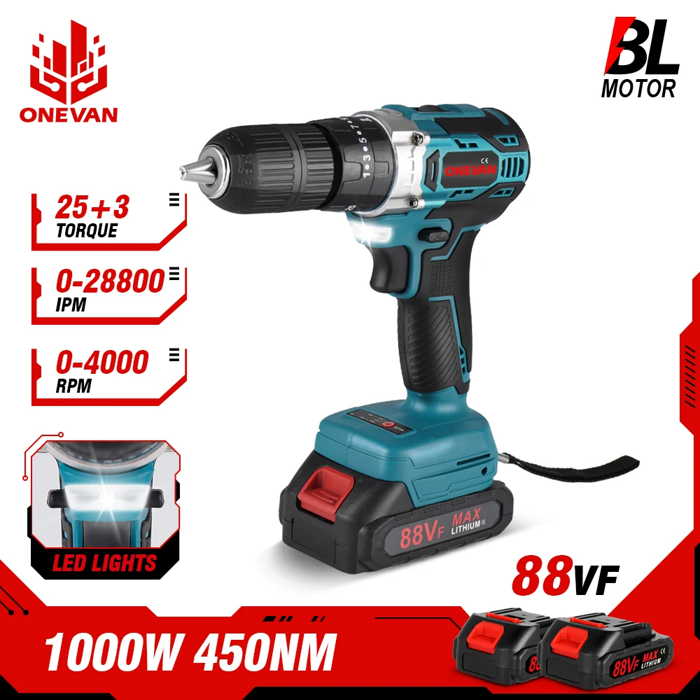 ONEVAN 1000W Brushless Electric Impact Drill 25+3 Torque 3 in 1 Electric Cordless Screwdriver Power Tools For Makita 18v Battery