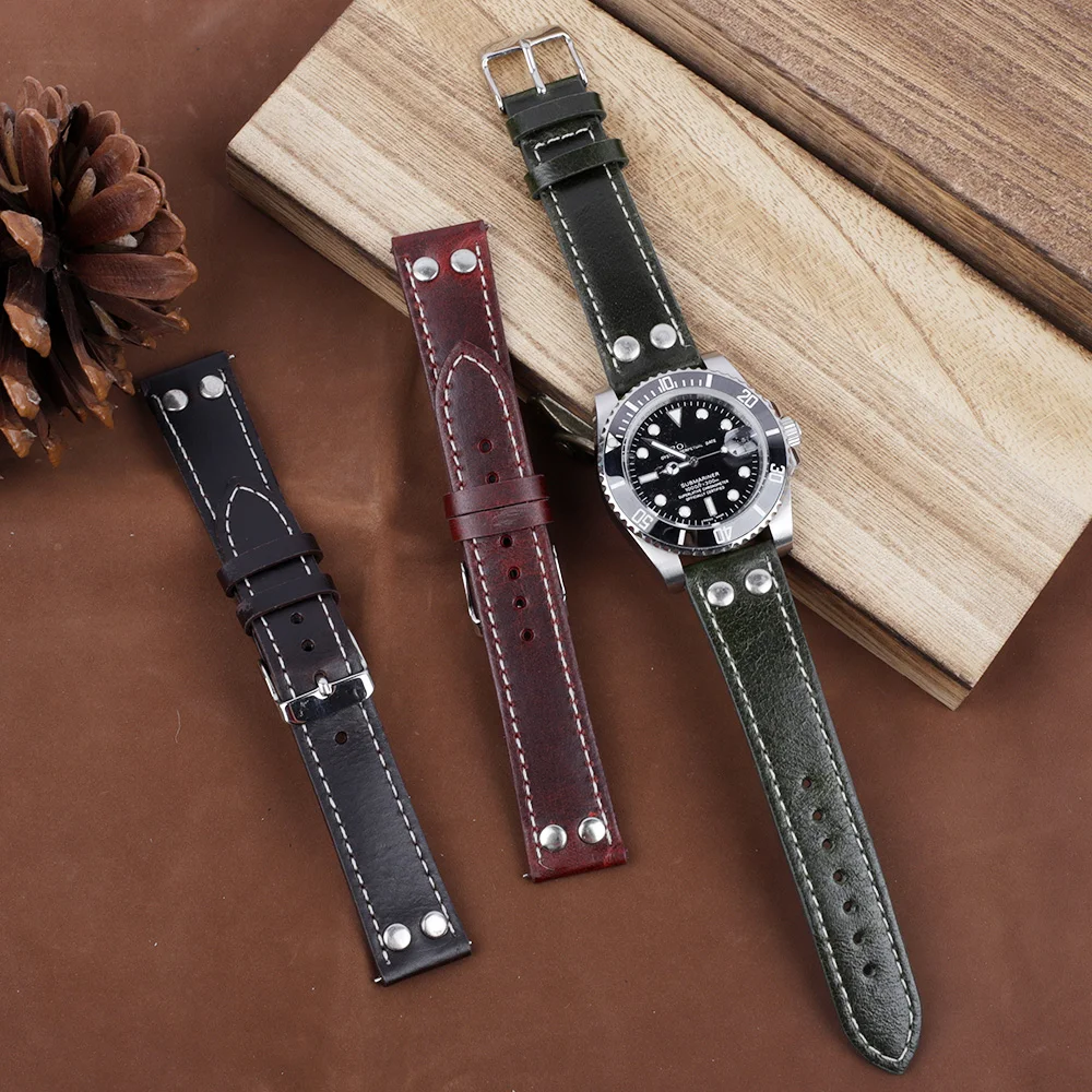 Correa de reloj de cuero genuino con remaches Retro para hombre, de 18mm pulsera de repuesto, 19mm, 20mm y 22mm, correa de cuero con cera de aceite