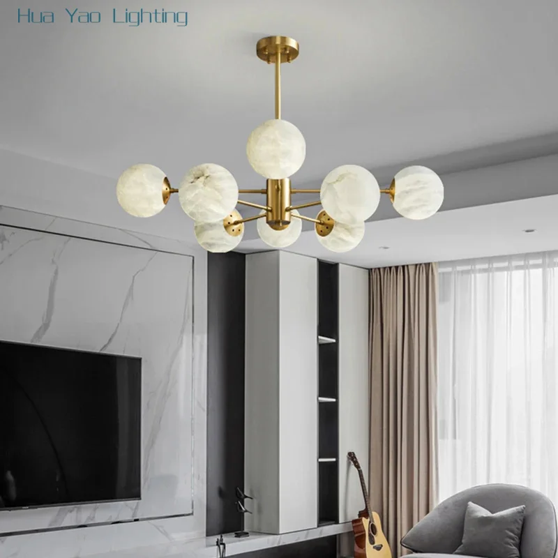

Nordic Luxury Villa Living Table Brass Marble Pendant Light Postmodern Designer Bedroom Study Foyer Ball Chandelier