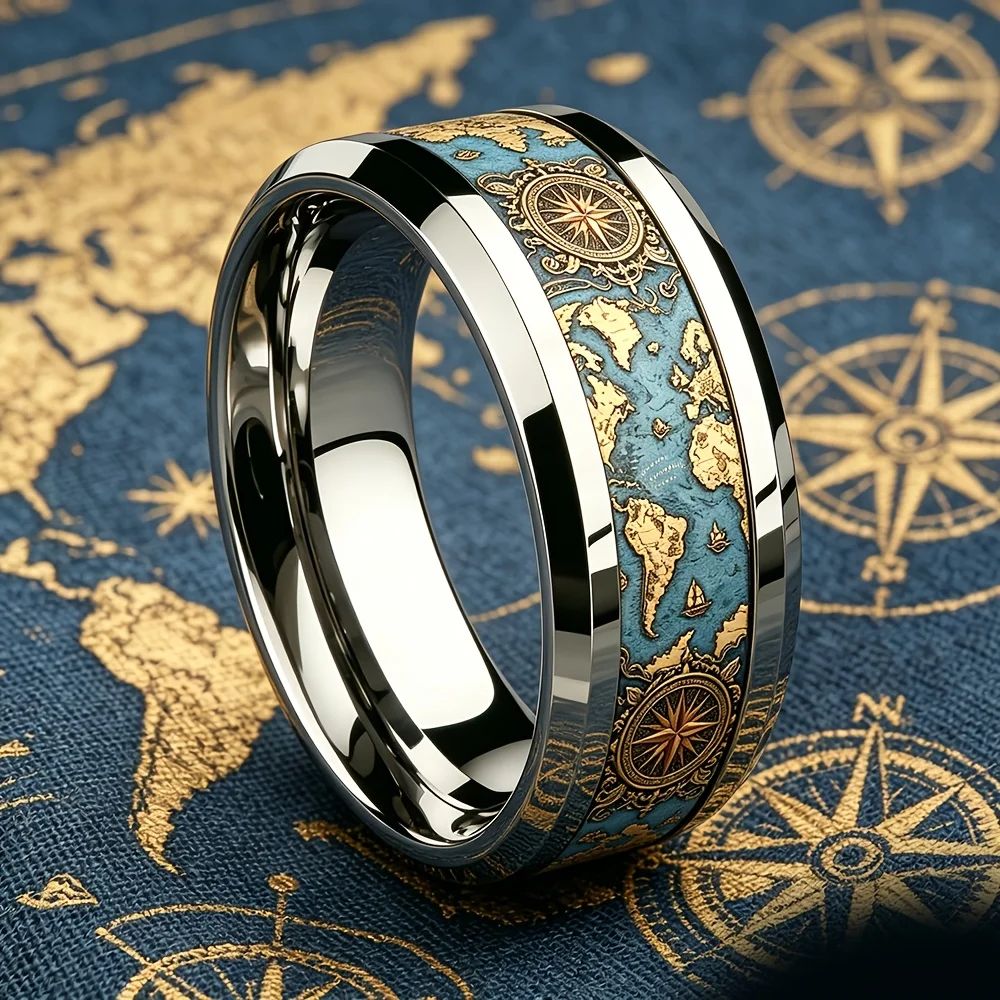 Vintage Weltkarten-Kompass Ring Retro Ozean-Thema Herren Edelstahlring Hochglanzpoliert Nautischer Reisenschmuck Geschenk für Ihn – Detail 5