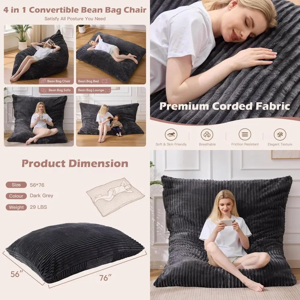 

Giant 4-in-1 Convertible Bean Bag Chair with Removable Cover, Memory Foam Cushion, Ideal for Living Room or Bedroom, Charcoal Gr