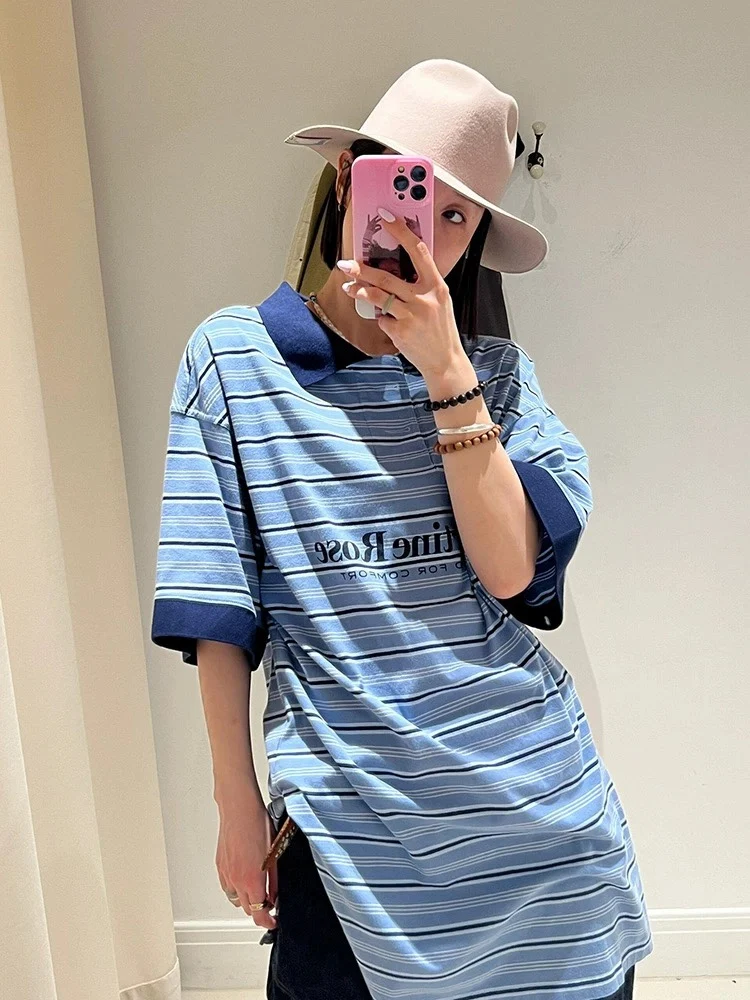 

Blue Striped ort Sve T-irt Casual Loose Fit Split Hem e Rose Men's Faion Summer 2024 Turn-down Collar