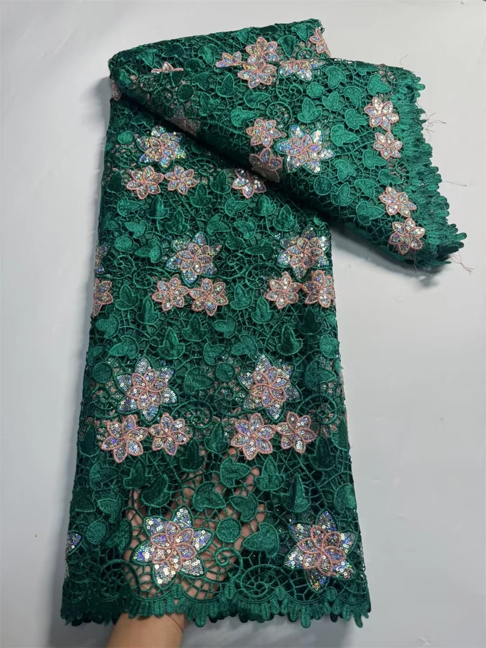 

Nigerian guipure cord lace fabric high quality sequins embroidery cord lace fabric wedding dress for African women 5yards